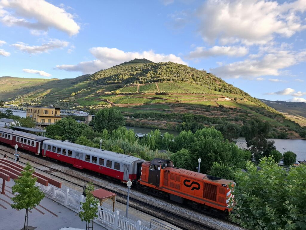Vibrant train passing through the picturesque Douro Valley in Portugal.